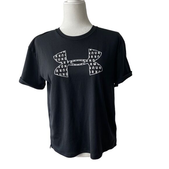 Under Armour Womans Heatgear Workout Top Black Rolled Sleeves SZ S - Picture 3 of 13
